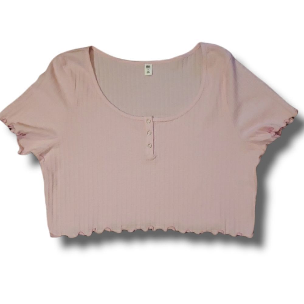 BP Womens Pointelle Rib Crop Short Sleeve Henley Light Pink Size 1x NWOT